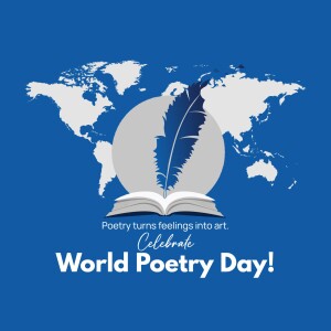 World Poetry Day graphic with a feather, open book, and world map
