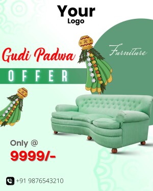 Gudi Padwa furniture sale advertisement with a sofa and Gudi decoration.