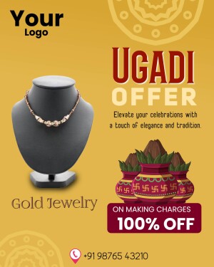 Ugadi Offer advertisement featuring gold jewelry and traditional decorations.