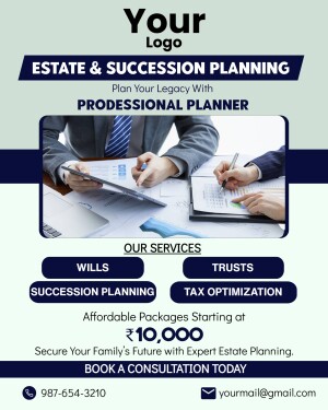 Flyer promoting estate and succession planning services with a professional image of people discussing documents.