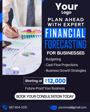 Financial forecasting services advertisement with a business professional and charts.