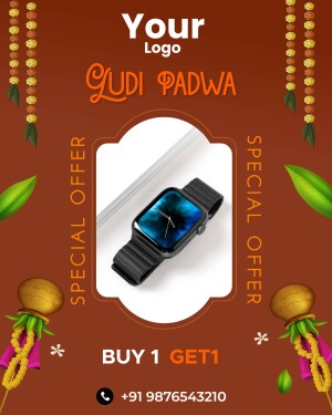 Gudi Padwa promotional poster featuring a smartwatch and special offer.