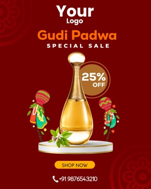 Gudi Padwa sale advertisement featuring a perfume bottle and traditional decorations.
