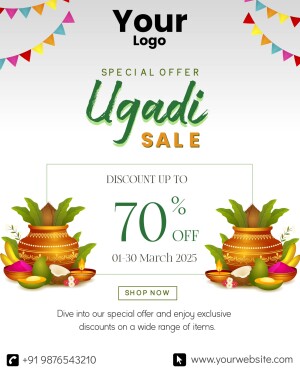 Ugadi Sale promotional poster with discount offer and traditional decorations.