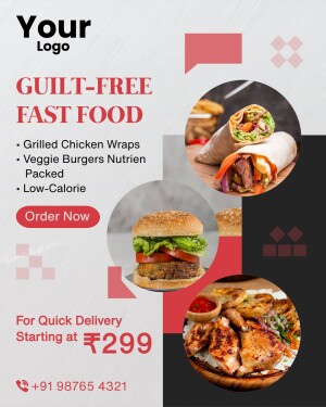 Poster advertising guilt-free fast food options like wraps, burgers, and grilled chicken.