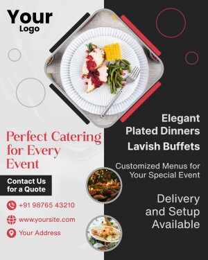 Promotional flyer for catering services offering plated dinners, lavish buffets, and customized menus.