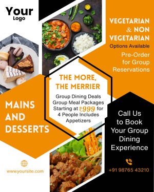 Promotional flyer for vegetarian and non-vegetarian food options with group dining deals.