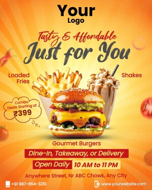 A vibrant poster advertising tasty and affordable fast food options like burgers, fries, and shakes.