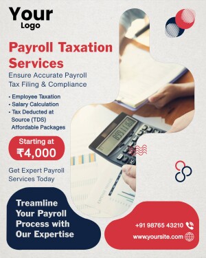 Flyer advertising payroll taxation services with a calculator and hands working on paperwork.