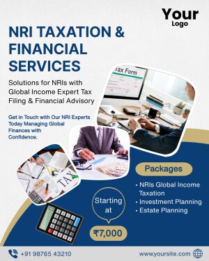 Flyer advertising NRI taxation and financial services with images of tax forms, financial advisors, and a calculator.