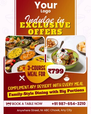 Food promotion poster with a 3-course meal offer and complimentary dessert.