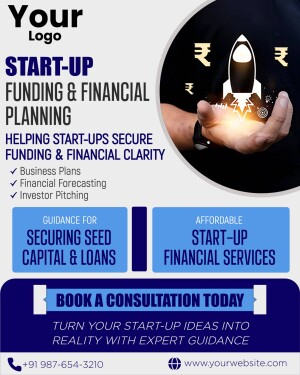 Flyer promoting startup funding and financial planning services with a rocket ship and rupee symbols.