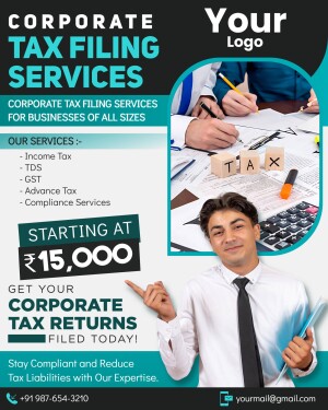 Flyer advertising corporate tax filing services for businesses of all sizes.