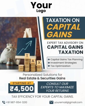 Taxation on Capital Gains advertisement with coins, a tax form, and a graph.