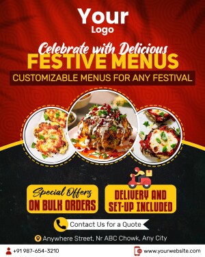 Festive menu promotion poster with delicious food images and special offers.