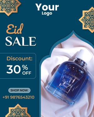 Eid Sale advertisement featuring a perfume bottle with a 30% discount.