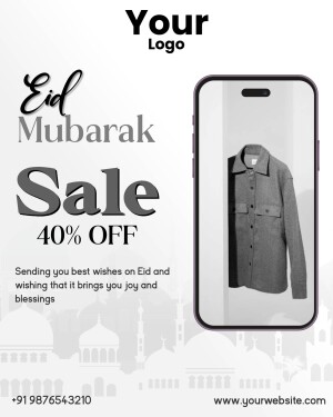 Eid Mubarak Sale advertisement featuring a shirt on a smartphone screen.