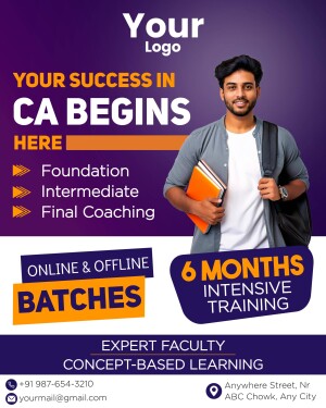 Promotional poster for CA Foundation, Intermediate, and Final coaching classes with a student image.