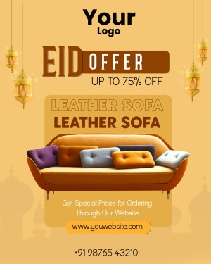 Eid Offer advertisement featuring a leather sofa with up to 75% discount.