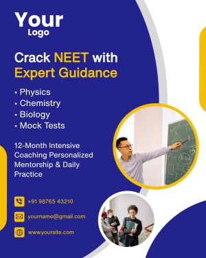 Poster advertising NEET coaching with expert guidance, physics, chemistry, biology, and mock tests.