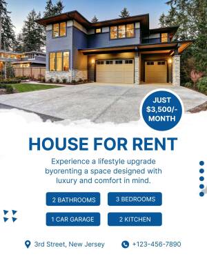 Modern blue house with a driveway and garage, advertised for rent.