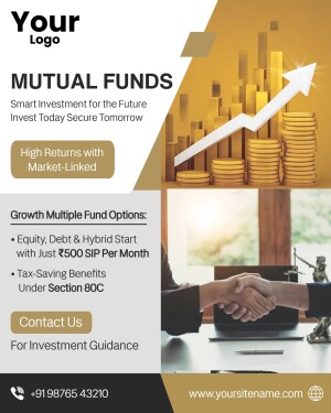 Flyer promoting mutual fund investments with a growth chart and handshake image.