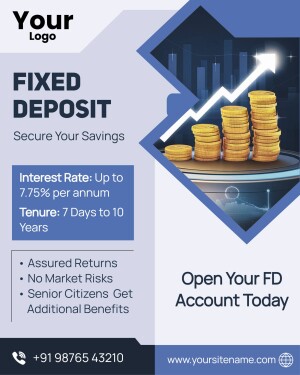 Fixed Deposit advertisement with stack of coins and upward trending graph