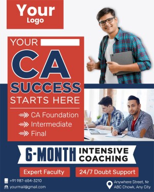 Poster advertising CA Foundation, Intermediate, and Final intensive coaching with a student and faculty image.
