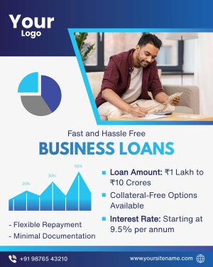 Advertisement for business loans with a man reviewing finances and data charts.