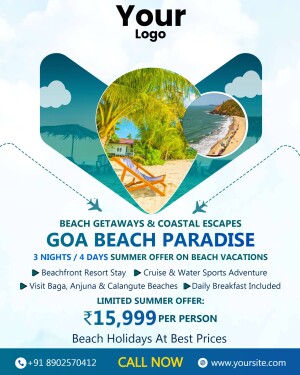 Goa beach vacation offer with images of beaches and a lounge chair.