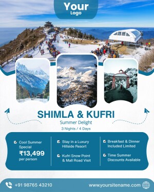 Travel poster for Shimla and Kufri summer vacation package with snow-capped mountains and scenic views.