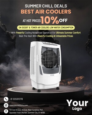 Air cooler on a pedestal with a dark, smoky background and promotional text.