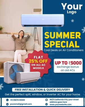 Promotional image for a summer air conditioner sale with discounts and exchange offers.