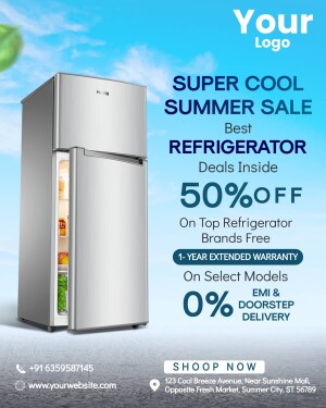Silver refrigerator with a sale promotion banner
