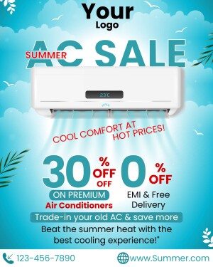 AC Sale advertisement with a white air conditioner and a blue sky background.