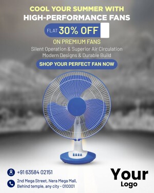Blue electric fan with a summer sale promotion