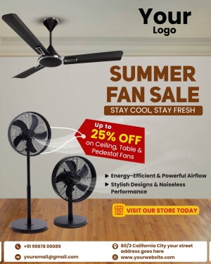Advertisement for a summer fan sale with discounts on ceiling, table, and pedestal fans.