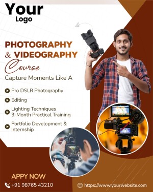 Promotional flyer for a photography and videography course featuring a young man with a camera.
