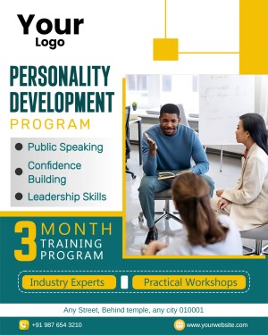 Flyer advertising a 3-month personality development program focusing on public speaking, confidence building, and leadership skills.