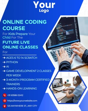 Promotional flyer for an online coding course for children aged 6-14, featuring Python, AI, and game development.