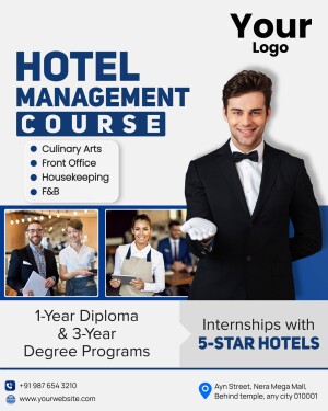 Flyer advertising a Hotel Management Course with a professional waiter and images of hospitality staff.