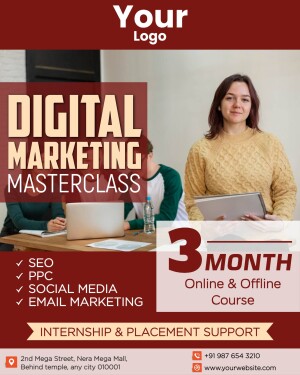 Poster advertising a 3-month Digital Marketing Masterclass with internship and placement support.