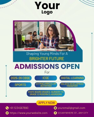 School admissions open flyer with a student studying and details for ICSE, CBSE, and Digital Learning.