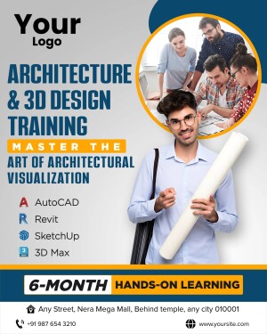 Poster advertising architecture and 3D design training with students and course details.