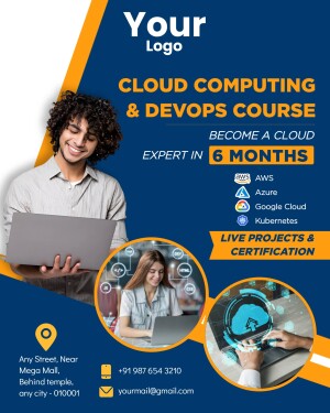 Flyer advertising a Cloud Computing and DevOps course with a student using a laptop.