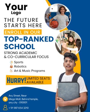 Flyer promoting school enrollment with images of students and school facilities.