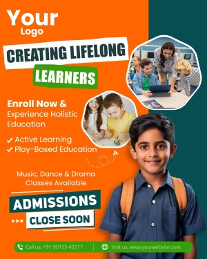 Educational poster featuring children learning and promoting admissions for a holistic education program.