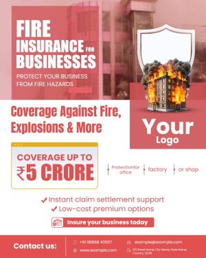 Fire insurance advertisement for businesses with a shield and burning building imagery.