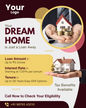 Advertisement for home loans with a house model in hands and financial details.