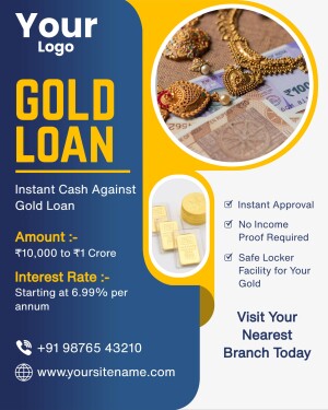 Gold loan advertisement with gold jewelry, Indian currency, and loan details.